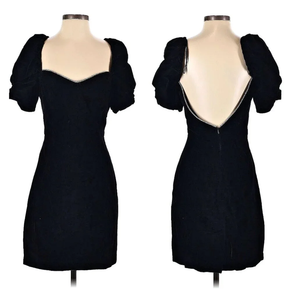 Vintage 90s LA Glo Black Velvet Mini Dress Rhinestone Puff Sleeve Size 5/6